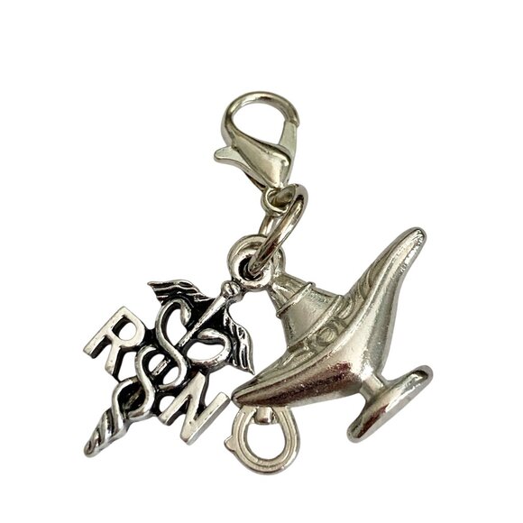 RN Nursing Caduceus Lamp Clip On Charm Zipper Pull Purse Charm Silver Plated - Picture 1 of 8